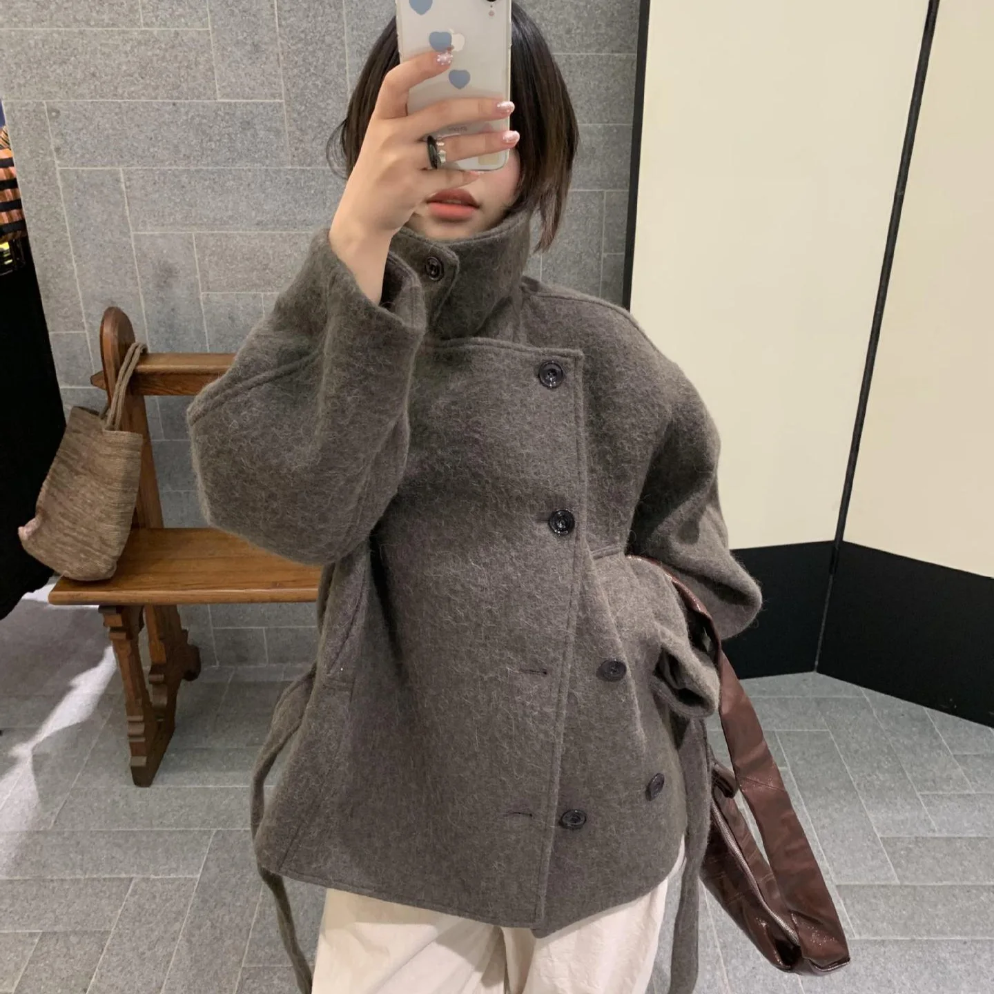 25 Autumn Winter New Lapel Short Wool Coat Belted Bathrobe Jacket Camel Color Retro jacket women