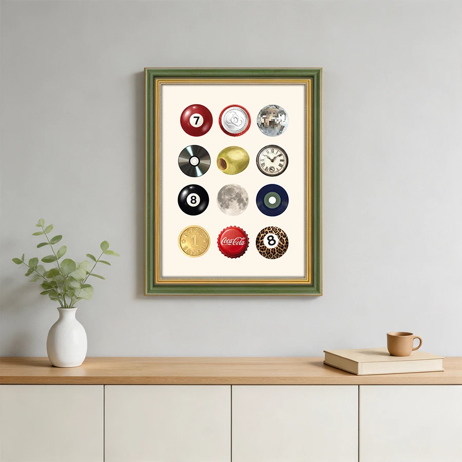 Retro Lucky Symbol Wall Art Poster Vintage 8 Ball Disco Ball Coin Bottle Cap Canvas Print Trendy Room Aesthetic Home Decor