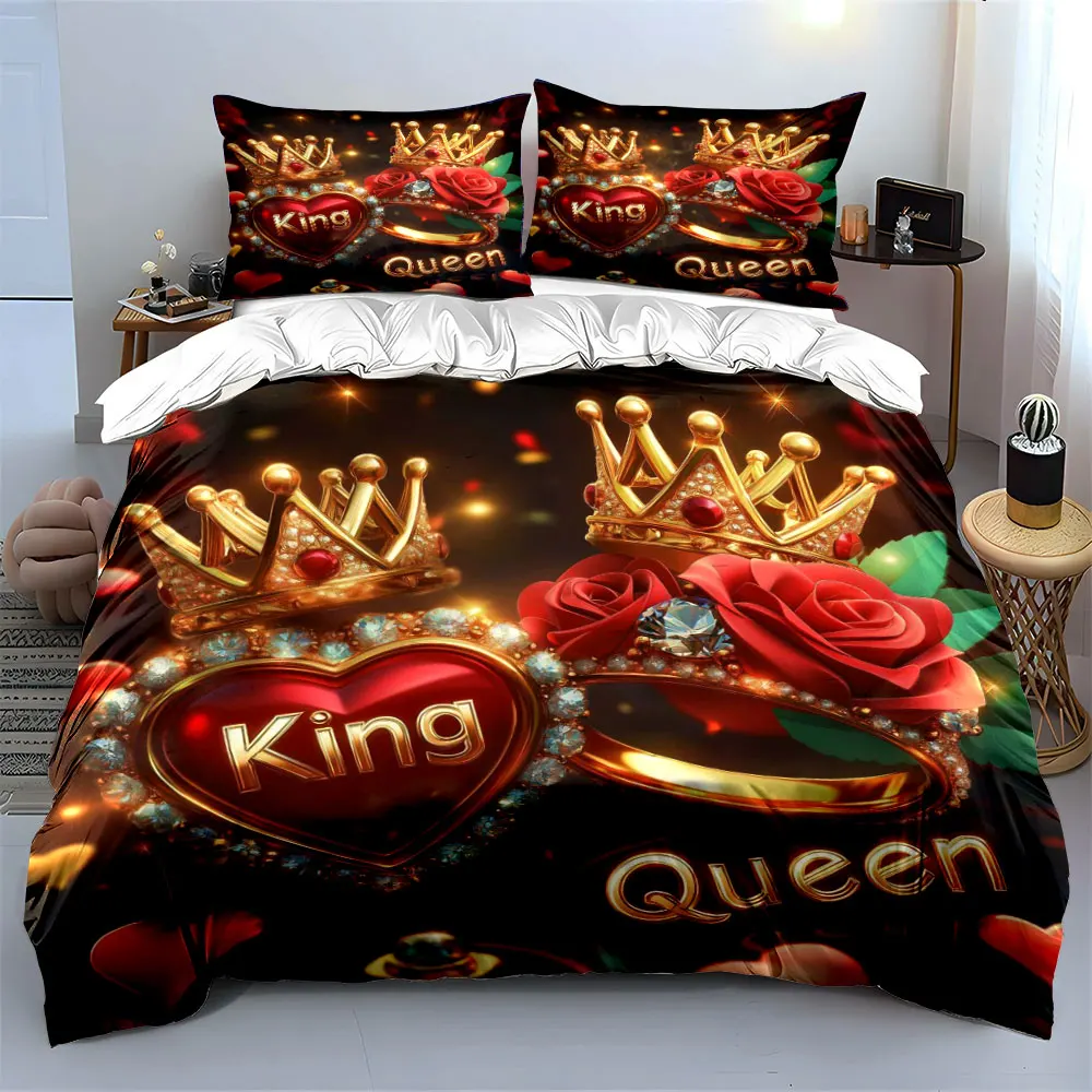 King Queen Golden Crown Red Rose Couple Bedding Set 3pcs,Luxury Heart Ring Diamond Print Duvet Cover,1 Duvet Cover 2 Pillowcase