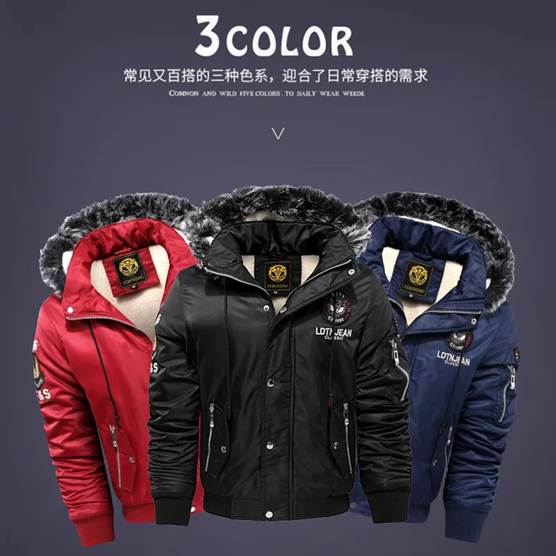 Winter Men's Black Padded Jacket Removable Hood Durable Windproof Fabric Embroidery Decorative Side Pockets Sleeve Zipper