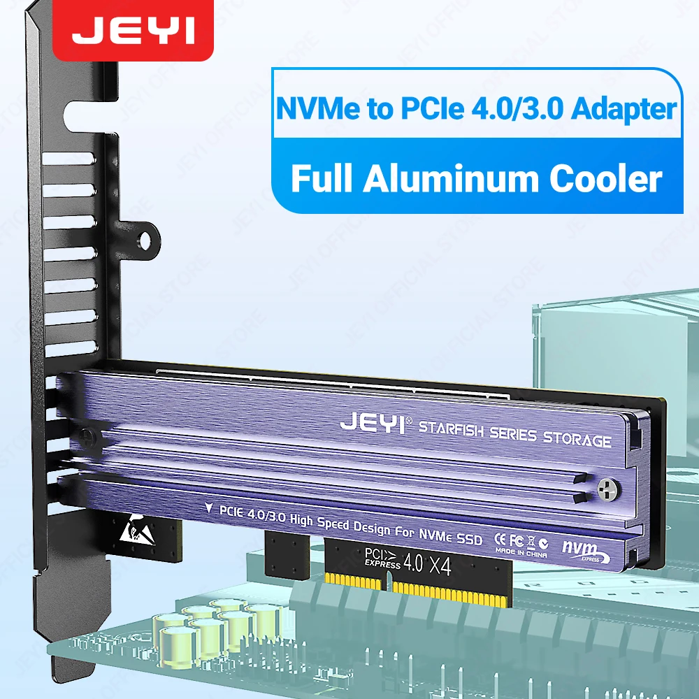 

JEYI M.2 NVME to PCIe 4.0 3.0 Adapter With Aluminum SSD Heatsink, NVMe 64Gbps Gen4 PCIE x1 X4 X8 X16 Expansion Card for Desktop