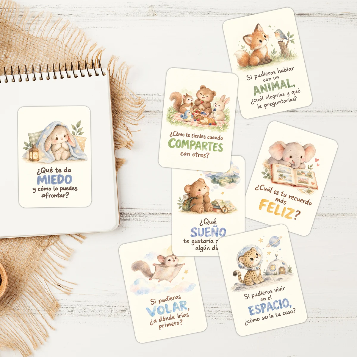 25pcs Spanish Interaction Prompt Cards,Woodland Animal Design Feelings Question Cards,Social Emotional Counseling Learning Tools