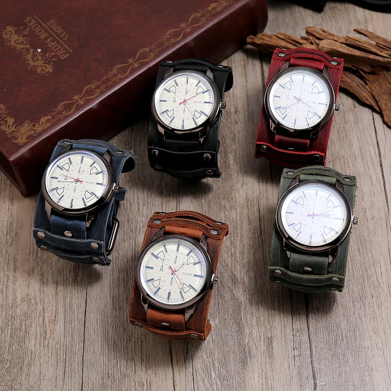 Cross-Border New Arrival Accessories Manufacturers Supply Vintage Cowhide Watch Adjustable Personalized Punk Men's Leather Brace