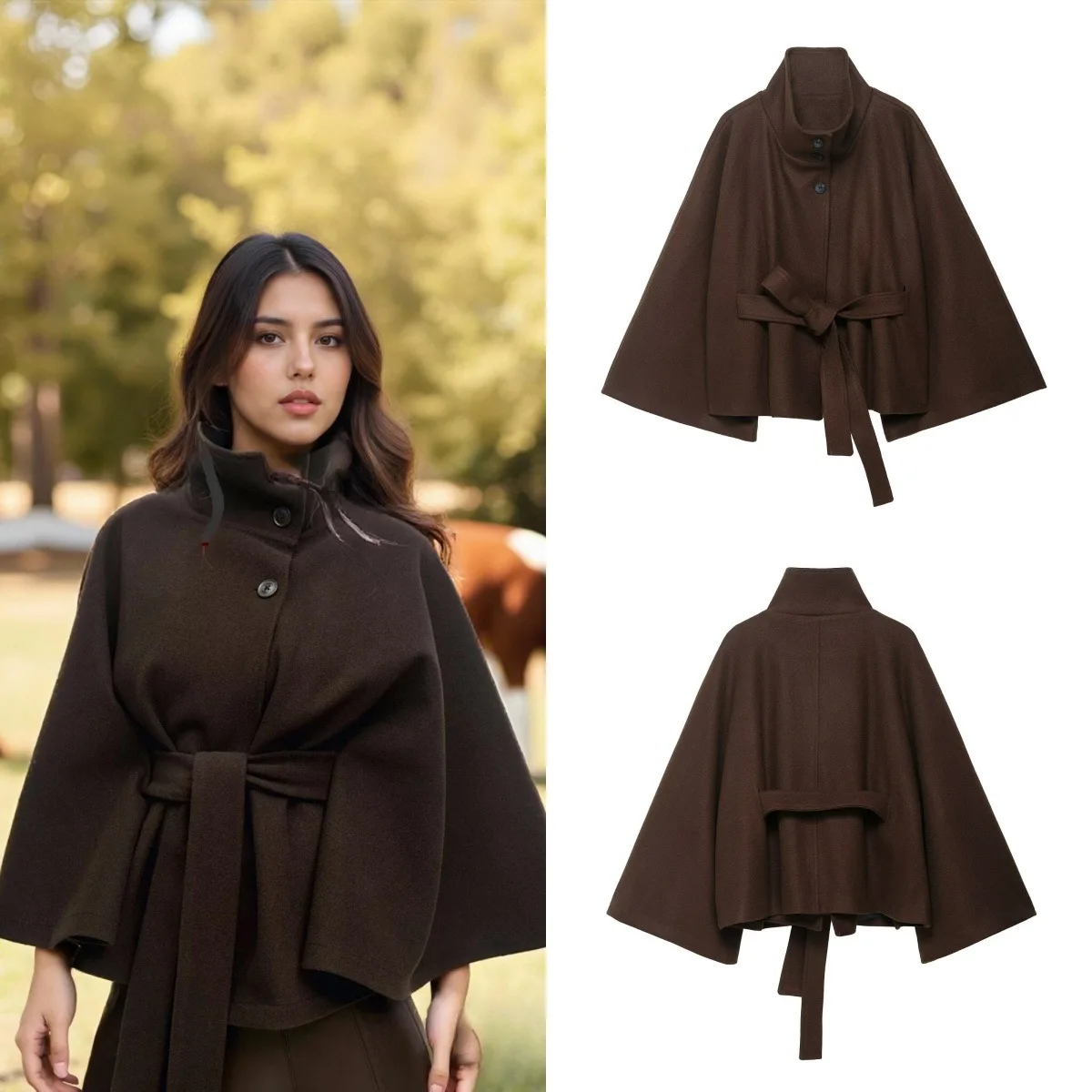 

Элегантные женские шерстяные пальто с поясом, свободный воротник-стойка, однобортная куртка с длинными рукавами, осенняя женская верхняя одежда для поездок на работу