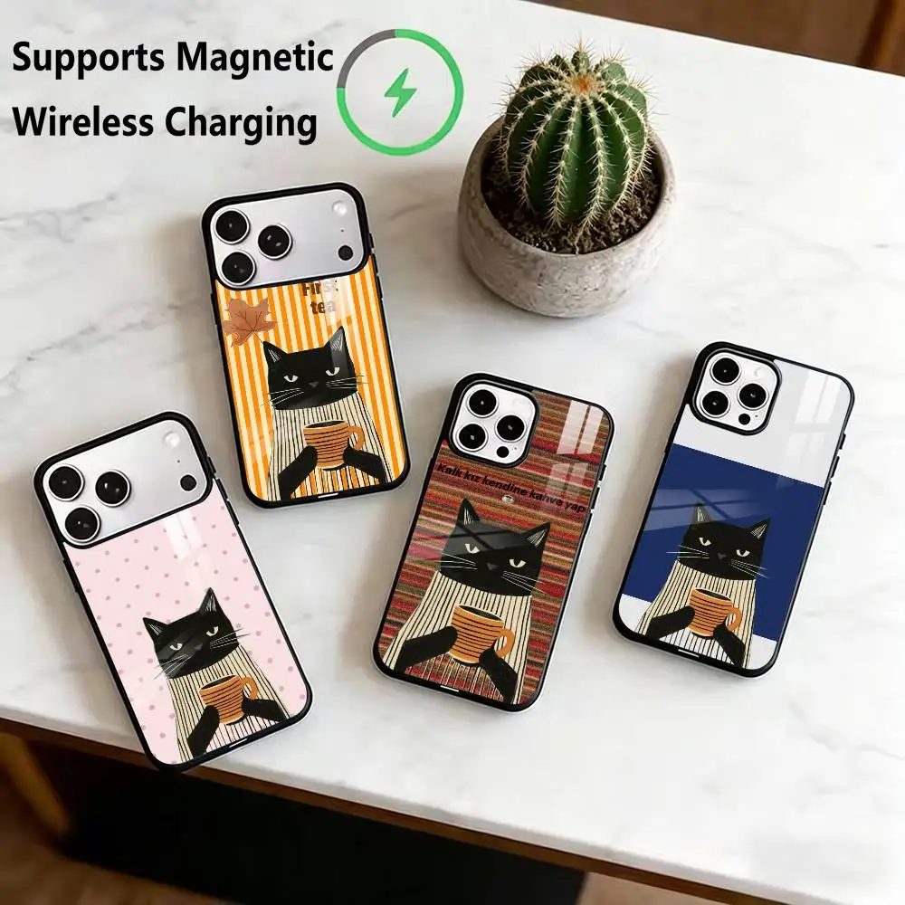 

S-Striped Coffee Cat Phone Case For iPhone17,16,15,14,13,12,11 Plus,Pro Supports Magnetic Wireless Charging