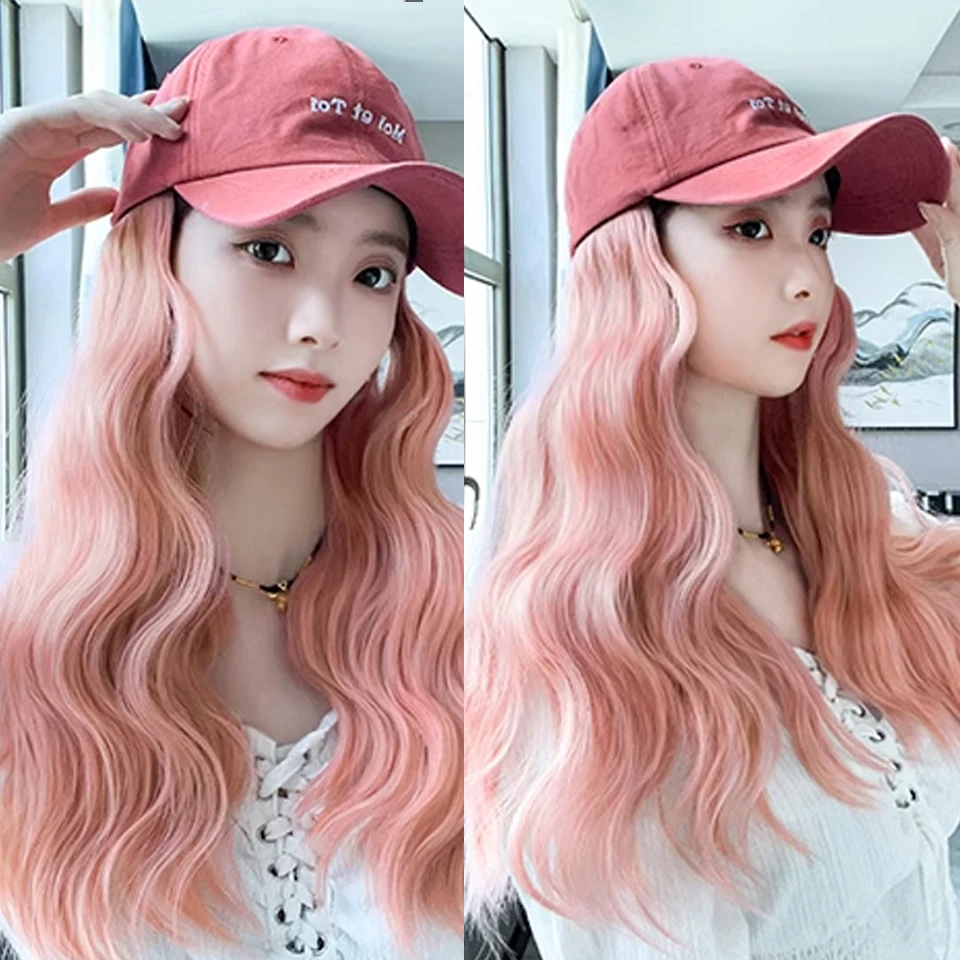 Breathable Hair Extensions Long Big Wavy Ladies Pink Wigs Hat Connected Head Cover Synthetic Baseball Peaked Cap Wig For Women