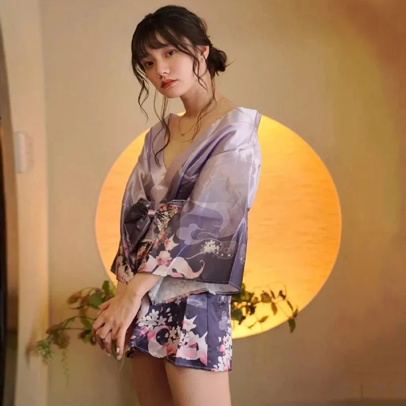 CySuper Sexy Purple Japanese Kimono Pajamas Bathrobe Yukata Cardigan Lingerie Temptation Anime Cosplay Halloween Costumes Women