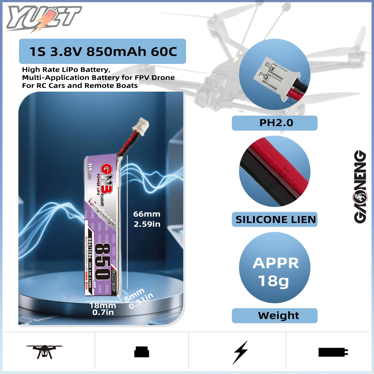 

GAONENG GNB 1S 850mAh 3.8V 60C/Max120C HV 4.35V Light Weight Long Fly Times Lipo Battery with PH2.0 Plug for RC FPV Racing Drone