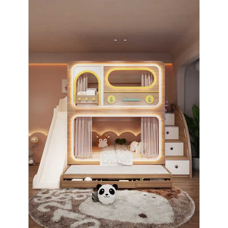 Modern Design Princess Treehouse Bunk Bed Natural Wood Color Solid-Bench High-Low Upper & Lower Beds Same Width Soft Bed Style