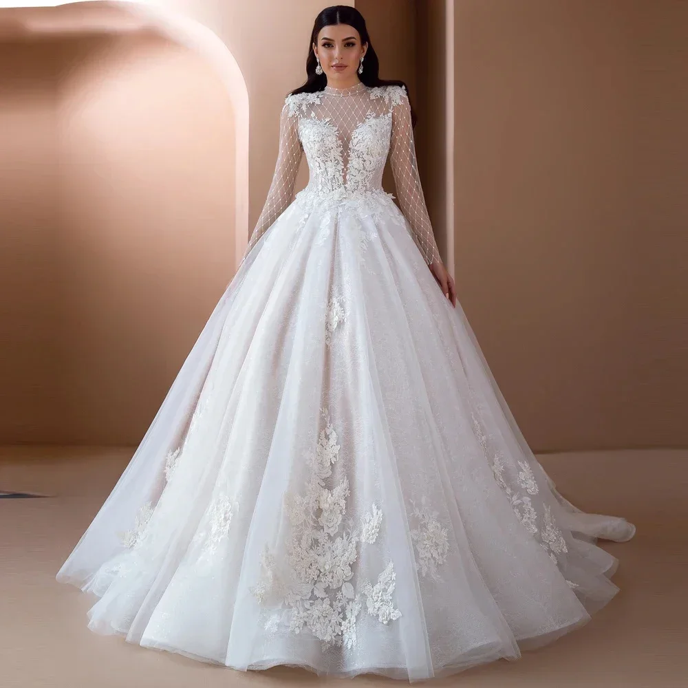 Elegante vestido de noiva manga comprida, Lace Applique, A-line Gola alta, vestidos de noiva princesa, vestido branco ilusão, 2024