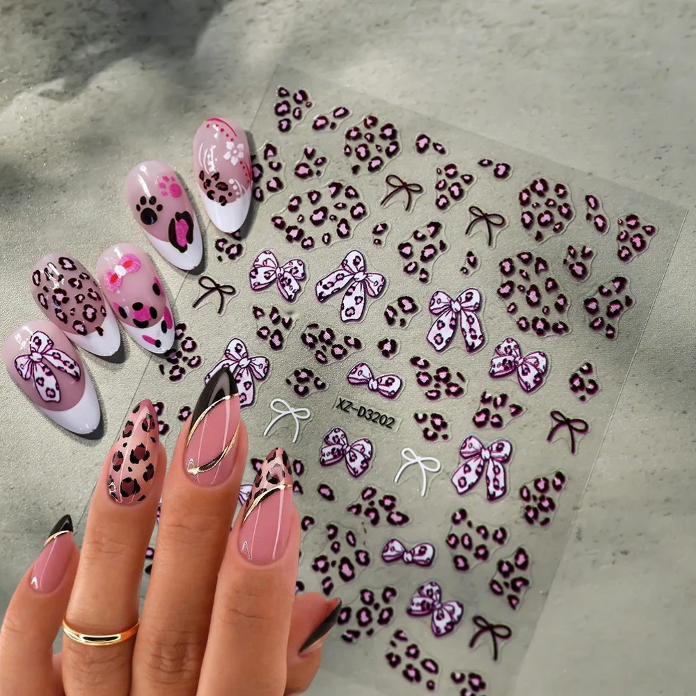 1 Uds. Pegatinas autoadhesivas para uñas con estampado de leopardo rosa 3D, pegatinas para uñas con patrón de lazo de leopardo, puntas decorativas para manicura artística DIY para invierno