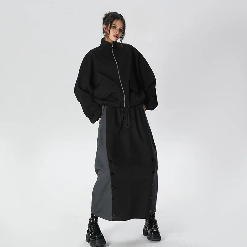 Coat Women Coats Stand Collar Zipper Jackets Y2k Streetwear Work Casual Loose Elegant Splice Jacket 2025 Autumn Winter