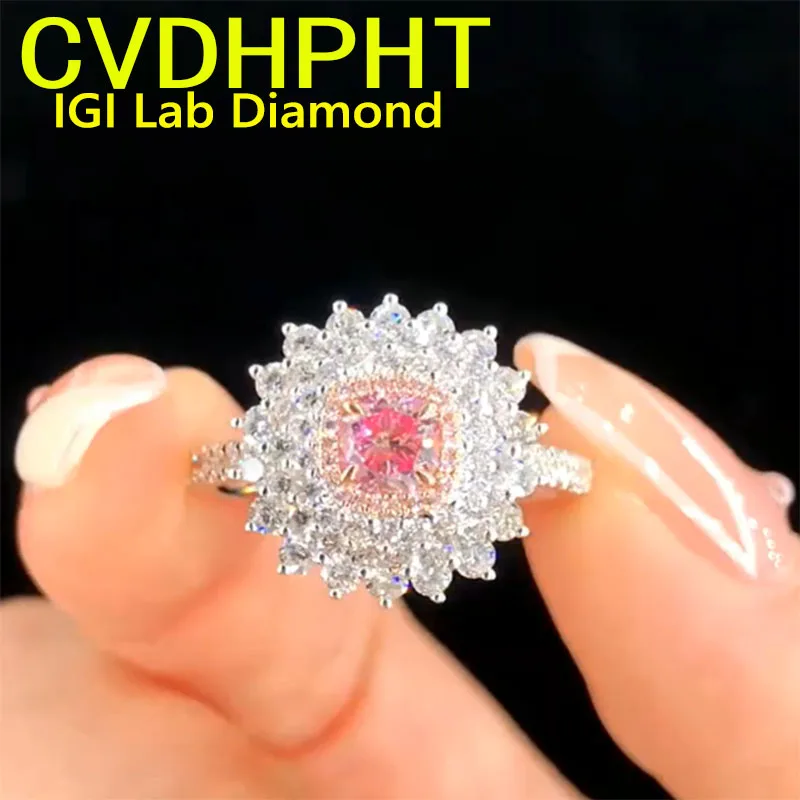 

Кольцо из белого золота 14K с розовым бриллиантом, выращенным в лаборатории, в стиле Halo, подарок для женщины.