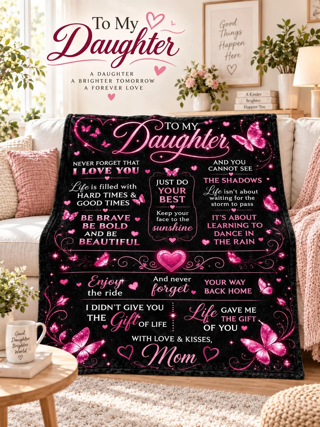 Daughter Flannel Blankets & Throws Butterfly Heart Rose Love Letter Gift From Mom for Birthday Christmas Thanksgiving Halloween Anniversary Holiday Couch Bed Sofa Reading Travel Nap Bedroom Home Decor Family Party Dorm Office Camping Picnic College