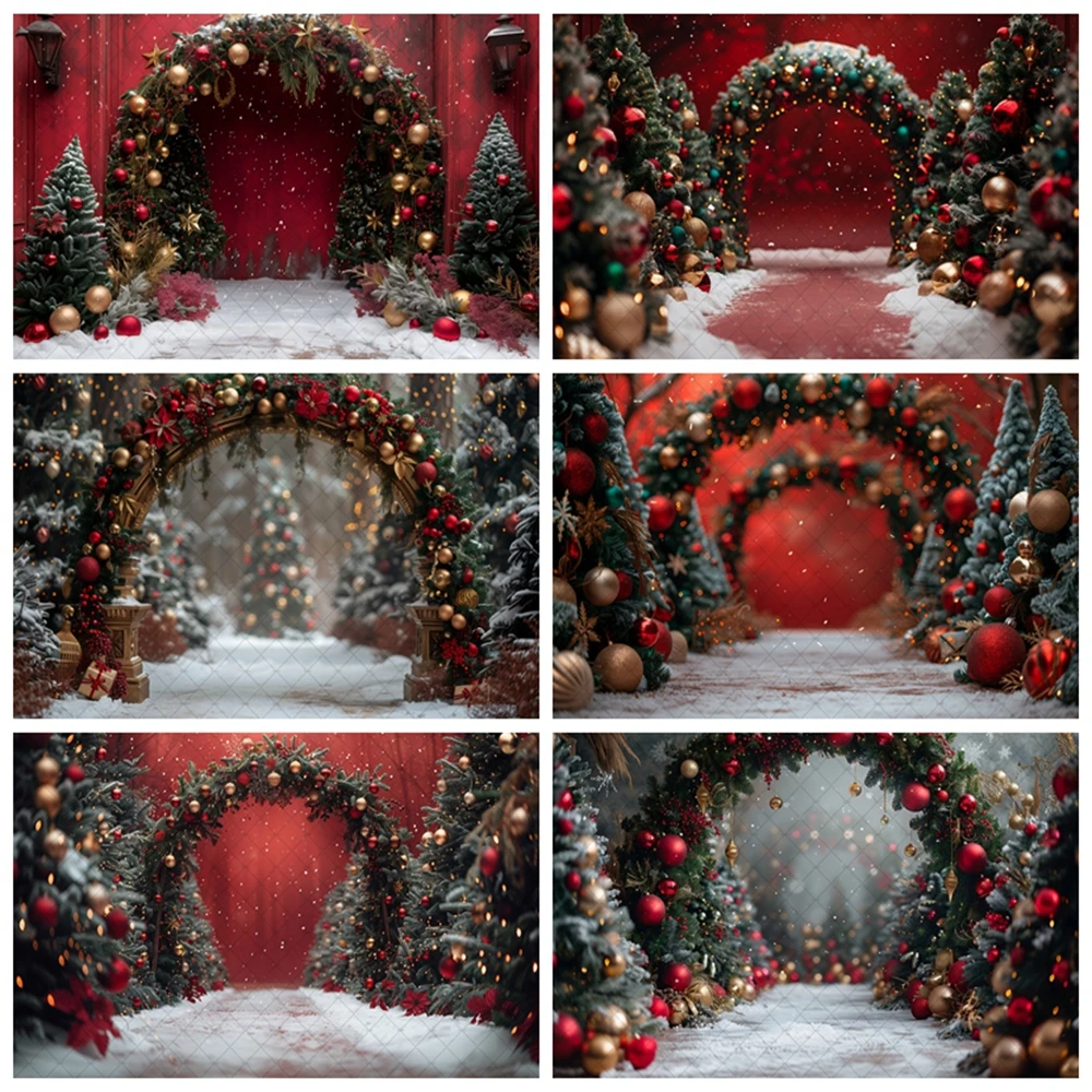 

Red Christmas Arch Door Background Photography Glitter Xmas Tree Snowy Backdrop Winter Snowy Photobooth Birthday Photo Studio