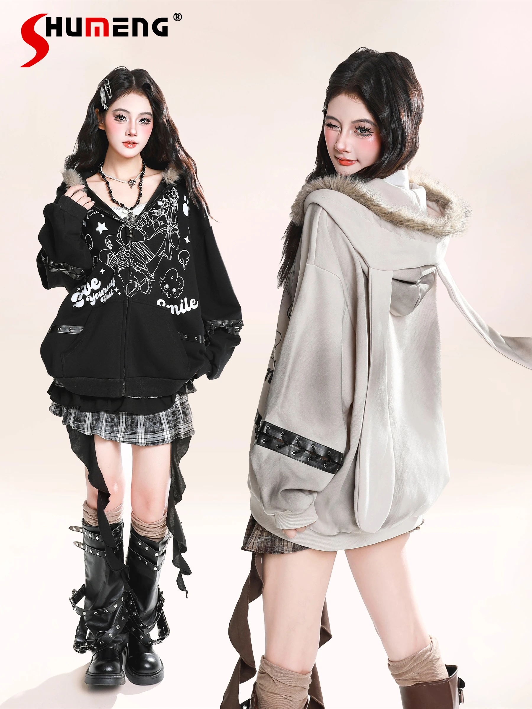 

American Retro High Street Sweet Cool Cartoon Anime Hoodies Rabbit Ears Fur Collar Zipper Loose Casual Sweatshirts Jacket Women