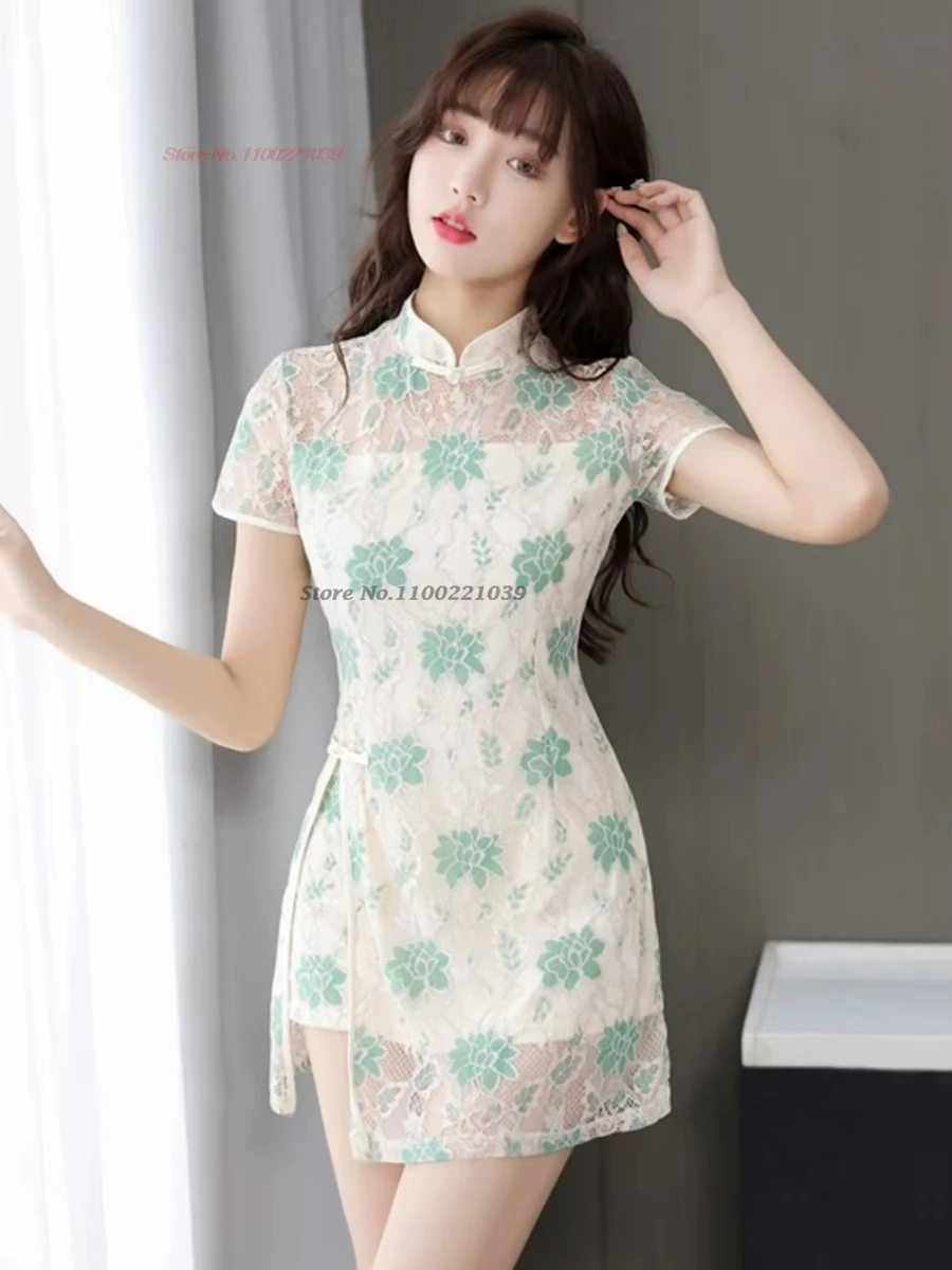 

Платье Ципао для китайского банкета и ночного клуба, 2021, кружевное платье Cheongsam с цветочным принтом, улучшенное платье Ципао + шорты, комплект, рабочее платье для спа-салона в отеле