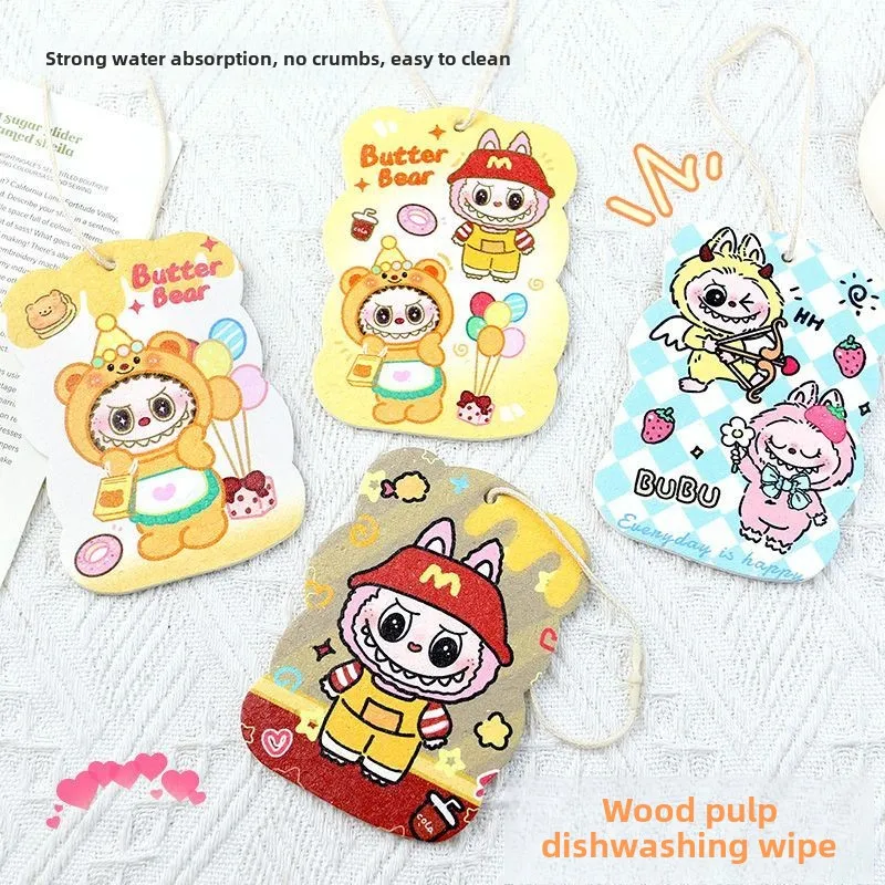 Anime Cartoon Cute Labubu Bu Compressed Wood Pulp Sponge Kitchen Dishwashing Wipe Non-stick Oil-Absorbing Dishwashing Artifact