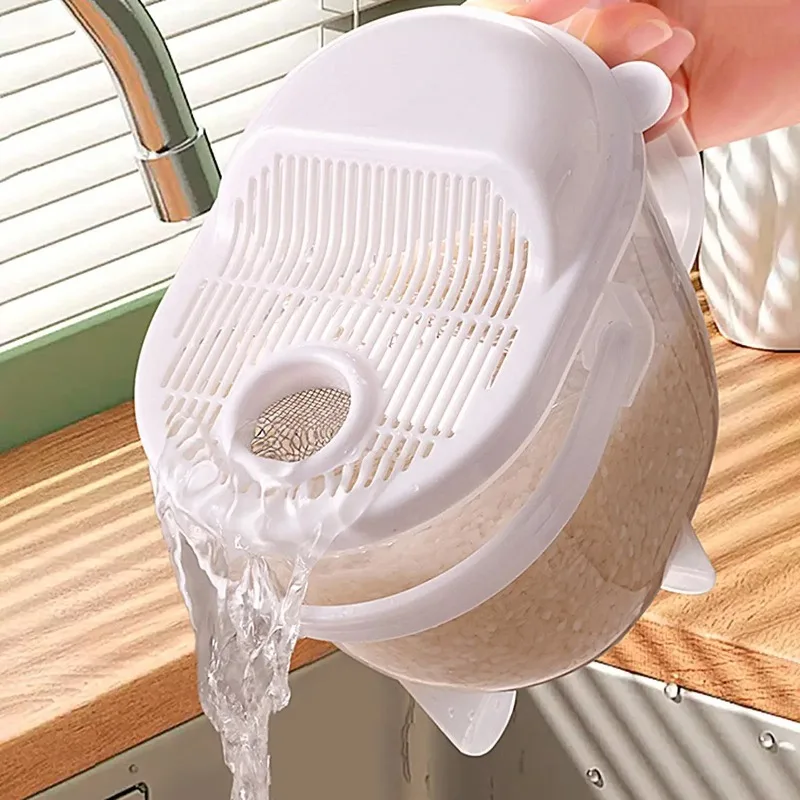Drain Basket Free Hand Washing Rice Scour Type Rice Washing Rice Basket with Cover Kitchen Cleaning Vegetable and Fruit Tools view 3