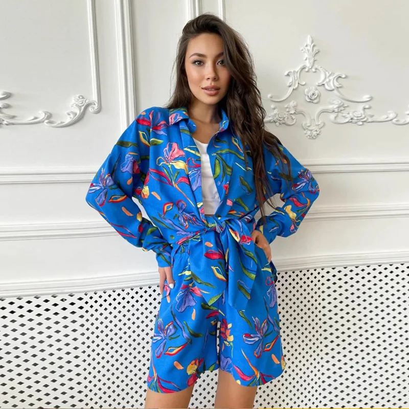 Summer 2 Piece Outfits for Women Shorts Sets Long Sleeve Floral Print Shirts Lounge Set High Waisted Shirts And Shorts Tracksuit