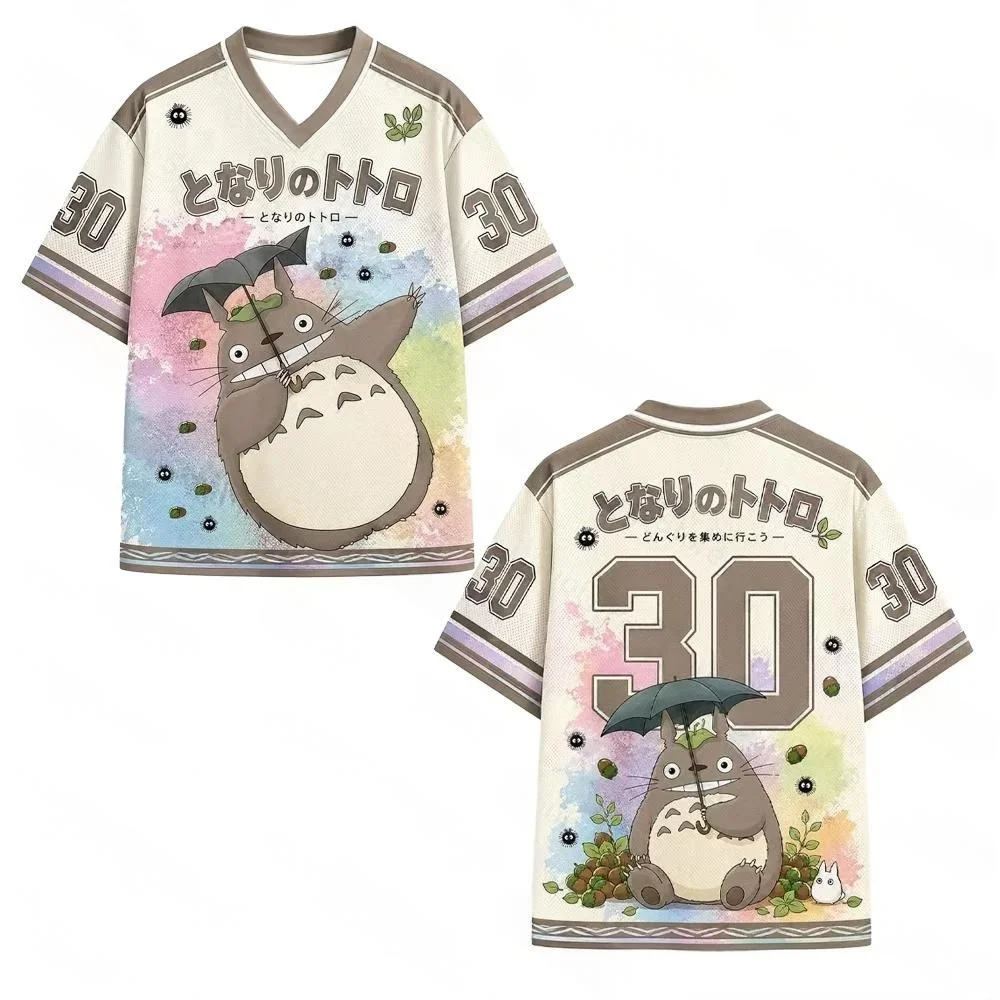 Retro healing Totoro 3D printed ball jersey with contrasting stripes on the bottom and a V-neck, niche mesh short sleeved shirt