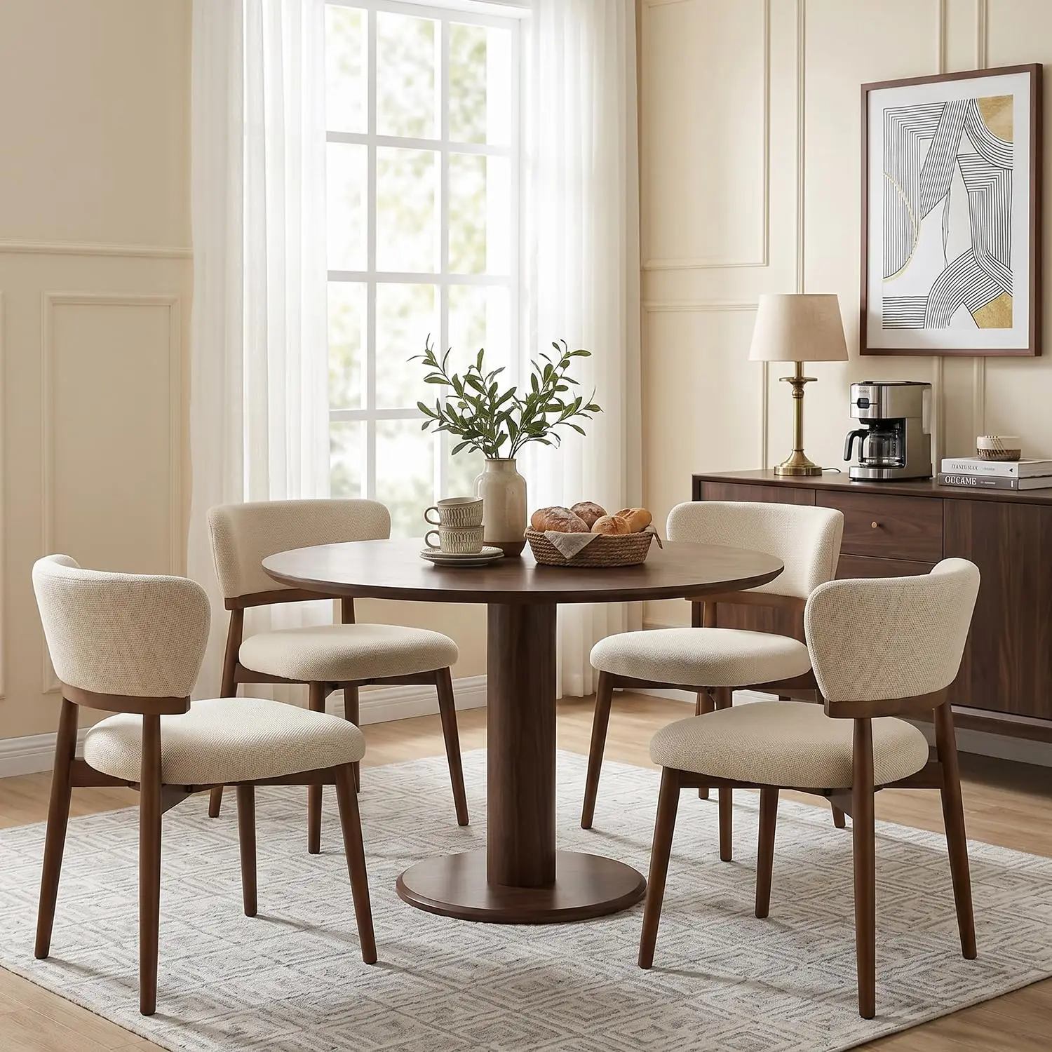 Wrap-around Curved Upholstered Dining Chair Set of 4 Beige, Customized