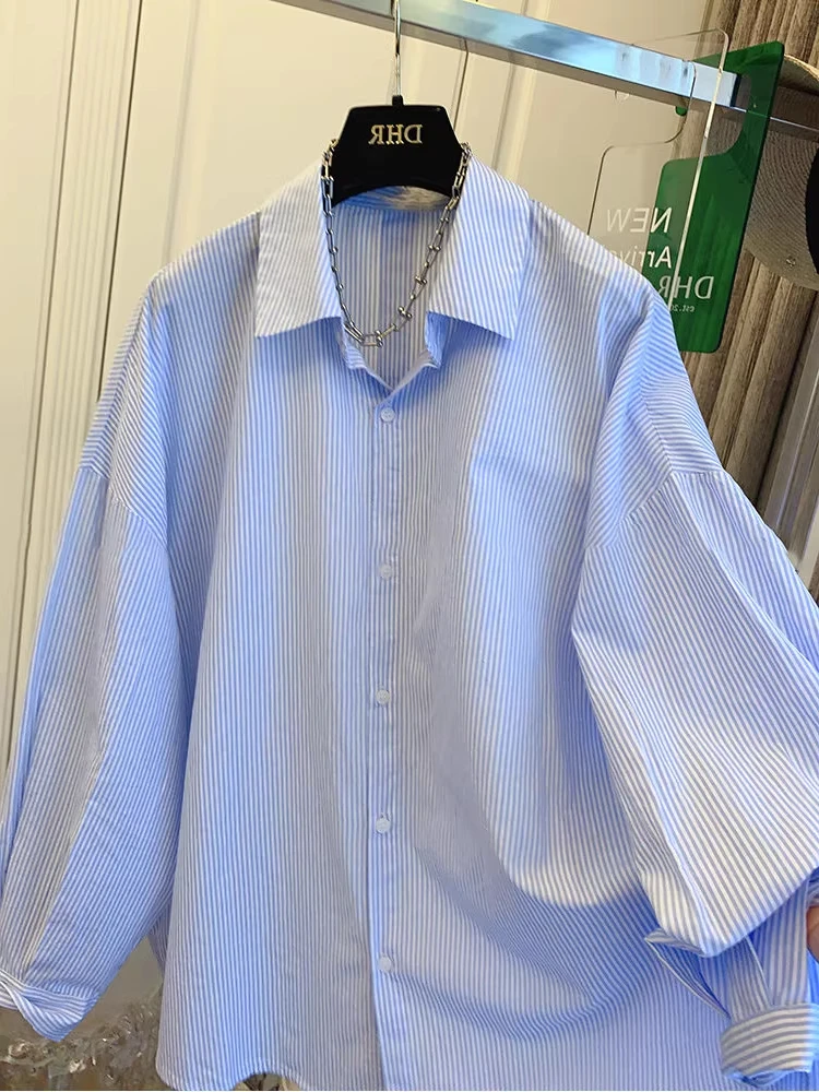 Loose Women's Long Sleeve Striped Shirt Blue Stripe Back Split Spring Autumn High Sensation Meat Covering Unique Exquisite Su...