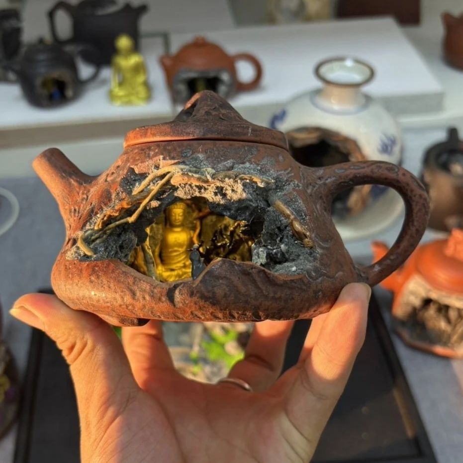 Handcrafted Purple Clay Teapot Micro Landscape Buddha Statue, Feng Shui Desk Decoration