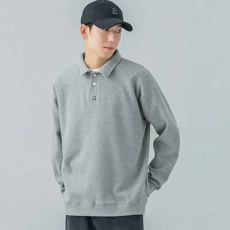 T Polo Shirts For Men Baggy Japan Tops Sweatshirts Male Clothes Waffle It Long Sleeve Casual With Trend Unique Sale Tee F Full