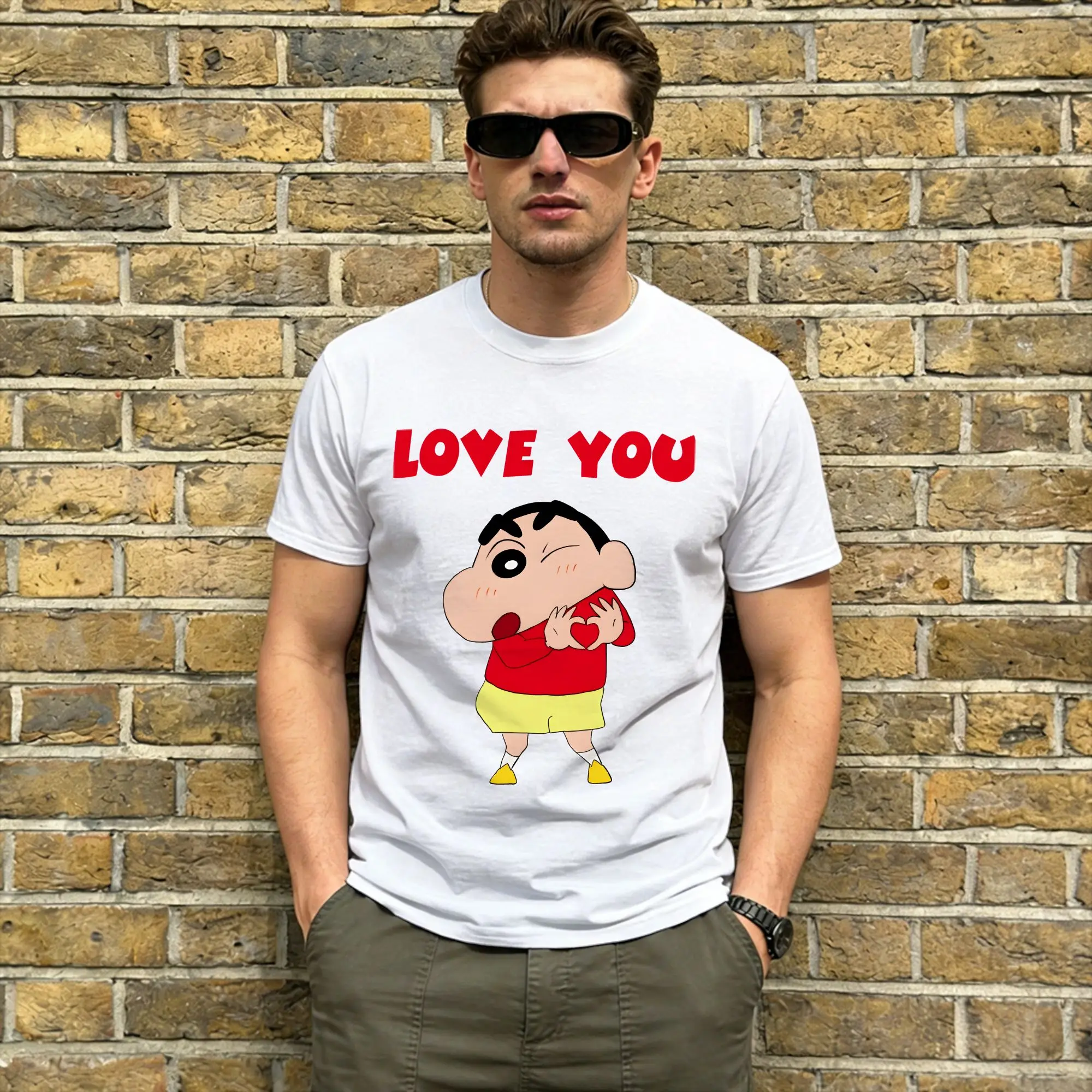 Crayon Shin-chans Men T Shirt Love You  Fashion Tees Short Sleeve Round Neck T-Shirt 100% Cotton Plus Size Clothing