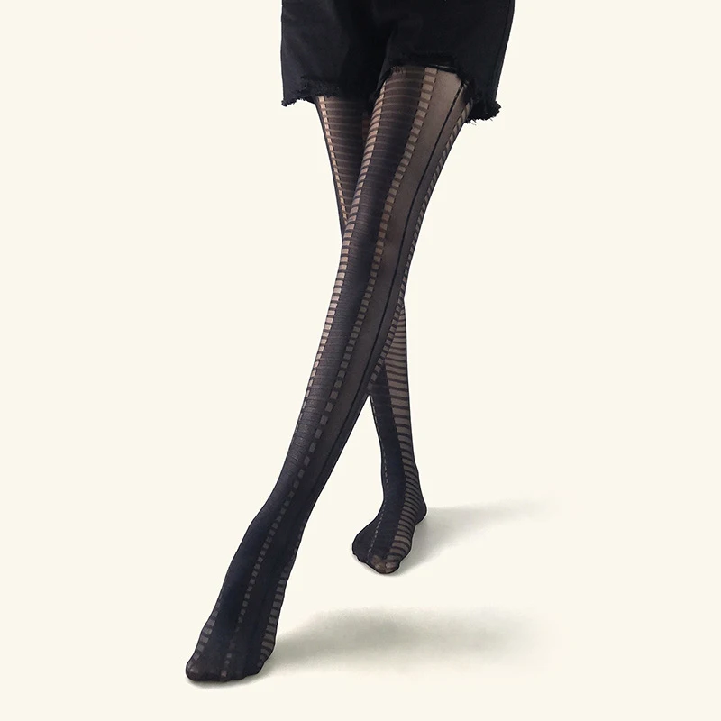 Moda Ultra-fino personalizado listrado Jacquard feminino meia-calça parece magro Hottie translúcido Sexy Elastic Nylon Tights