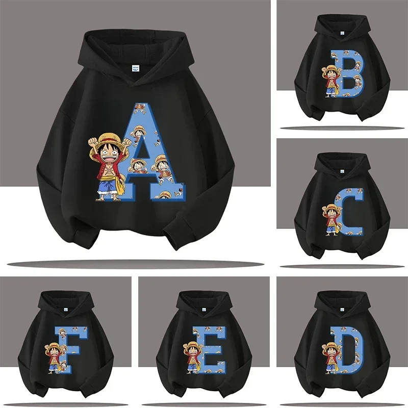 

3-12 year old boys' sports shirt - One Piece children's hooded shirt with lettered cartoon print, casual top with long sleeves