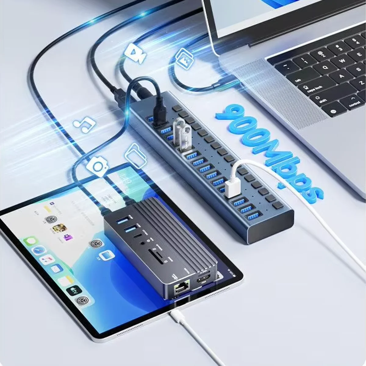 

16-Port USB 3.1 Gen2 Hub 10Gbps High-Speed-900MB/s Transfer Industrial Metal Shell 90W Power Supply Per-Port Control PC/Laptop