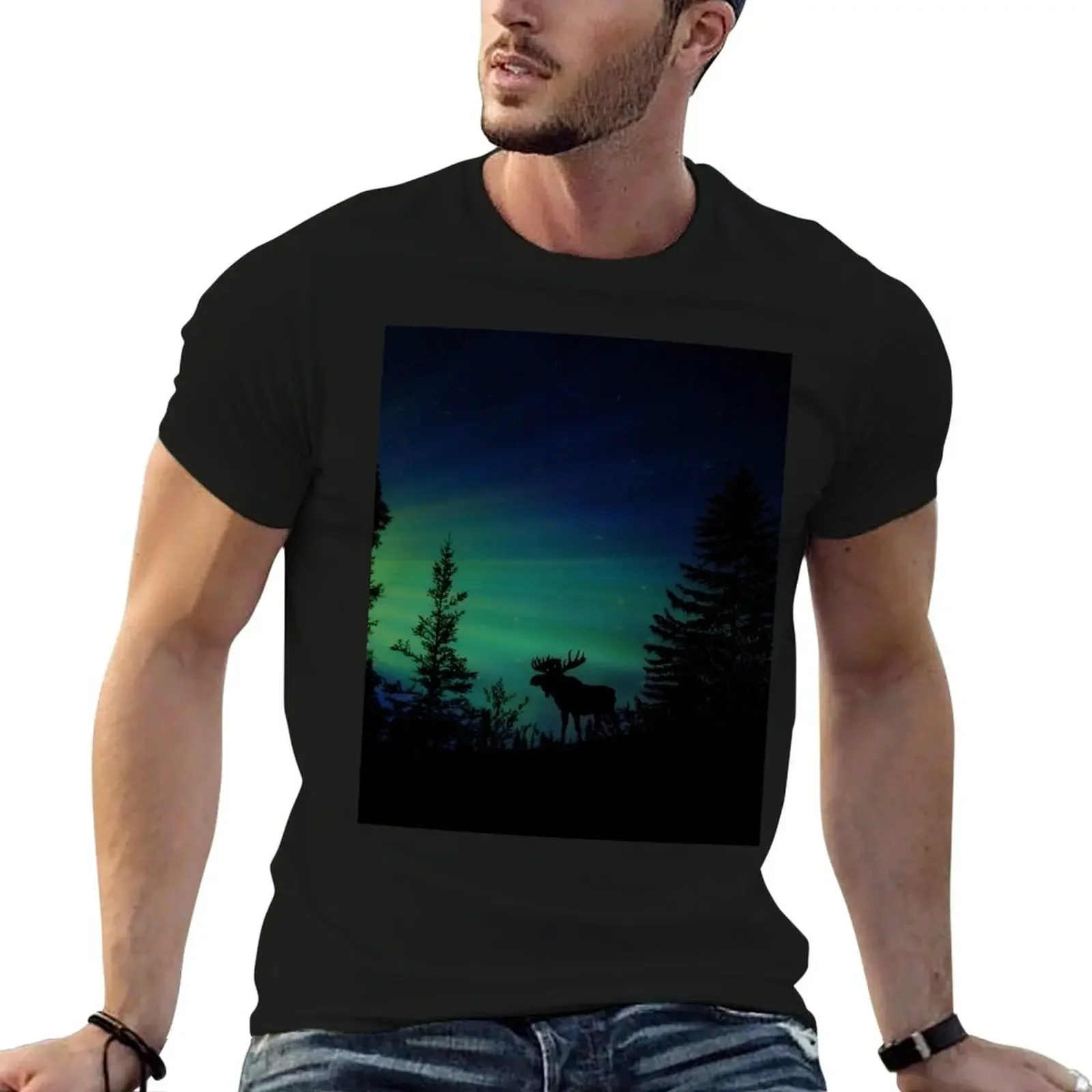 

Moose with Northern Lights T-Shirt customizeds funny meme t-shirts designer t shirt men