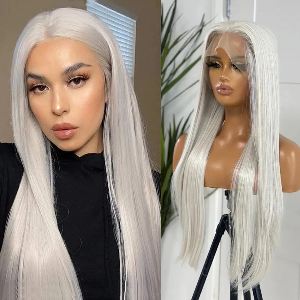 Platinum Blonde #60 Colored Straight Hair Frontal Wig Human Hair Blended Synthetic HD Lace Front Wig 26Inches Women Daily Use