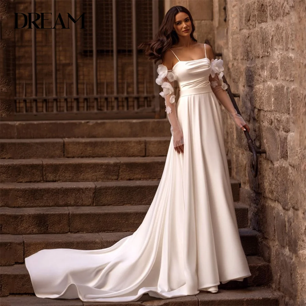 DREAM Long Sleeves A-Line Flowers Wedding Dress Satin Pleat Open Back Spaghetti Straps Bridal Gown Vestidos De Novia Customized