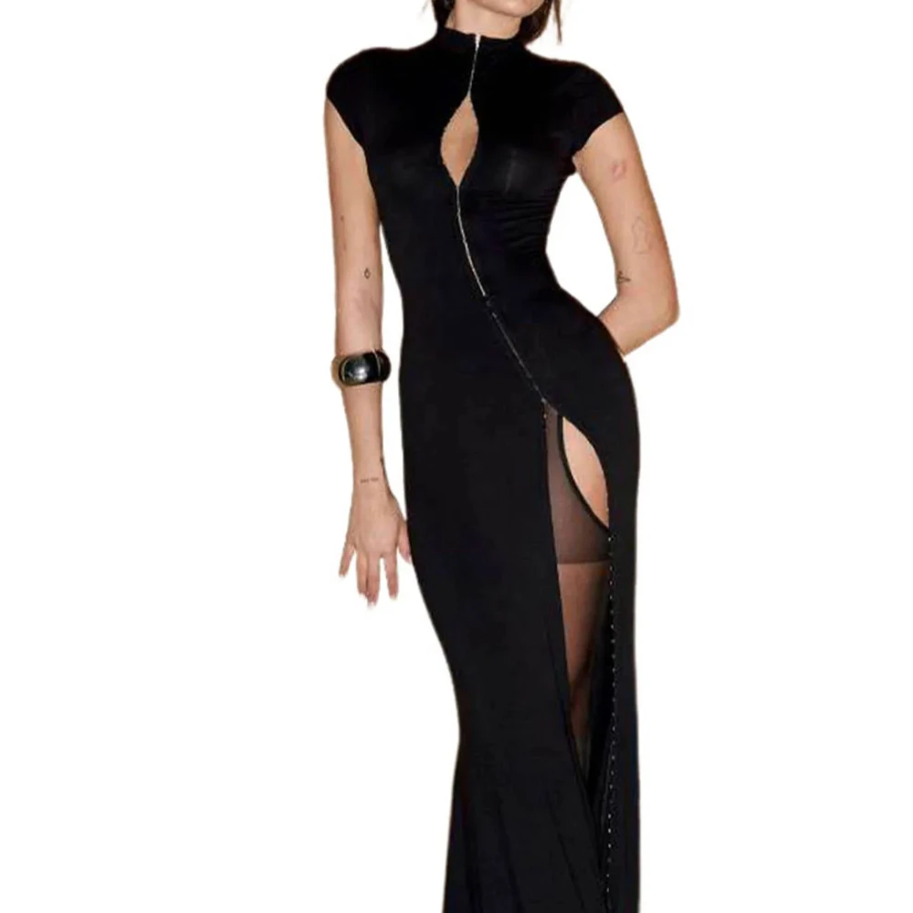 Vestido Preto com Fenda Alta, Gola Alta, Zíper, Saia Longa Justa e Envolvente, Sexy, para Noite, Balada, Moda Feminina, Streetwear