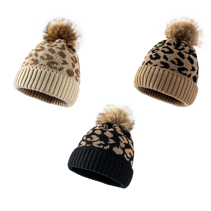 Leopard-print Knitted Hat with Pompon & Curled Edges Knitted Wool Slouchy Women Warm Winter Hat Soft Stretch Beanie