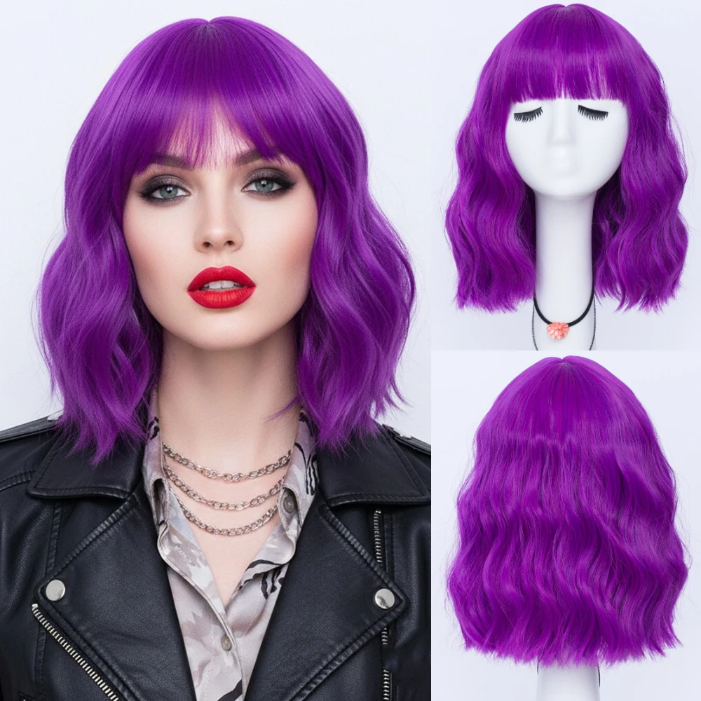 

Short Purple Wavy With Bang Cosplay Wig Women’s Heat Resistant Synthetic Fiber for Halloween Daily Use