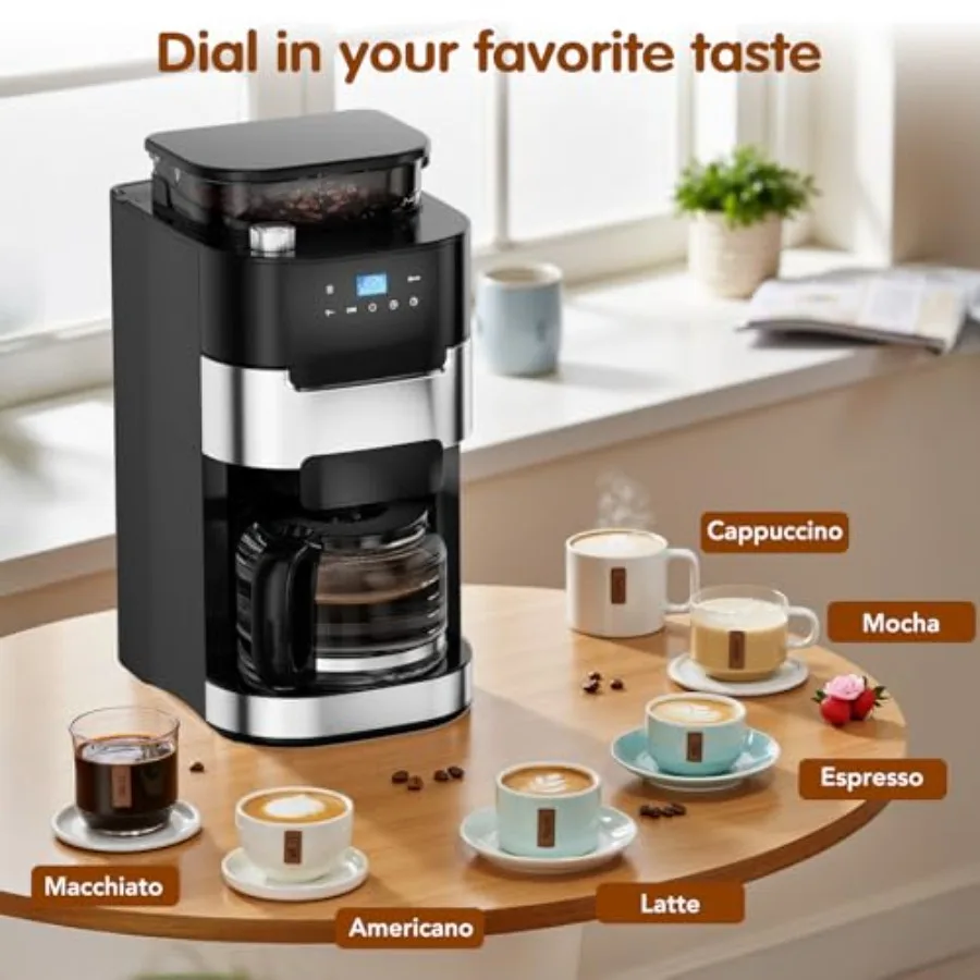 10カップドリップコーヒーメーカー、内蔵グラインダー、抽出機能、タッチスクリーンインターフェースで簡単操作、1.5L大容量