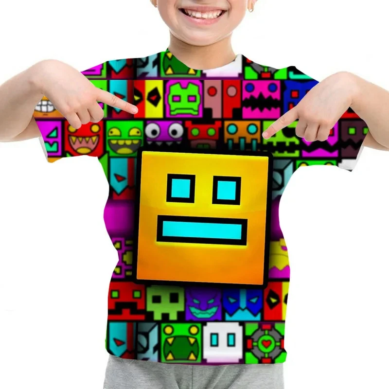 Game Angry Geometry Dash T-Shirt Boy Girls Cartoon 3d Print Kids T-shirts Summer Short Sleeve Casual T Shirt Children Clothing