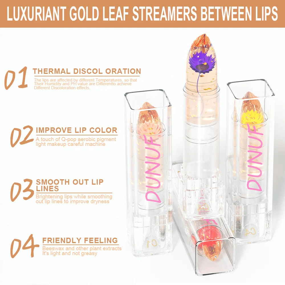 DUNUF 3 Packs Dried Flowers Color Changing Lipstick Lip Gloss Set Moistening Lip Crystal Temperature Makeup Transparent Lip Balm