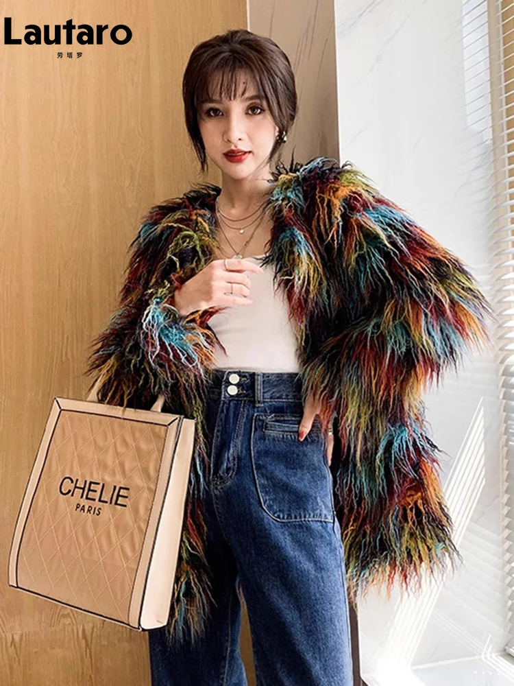 Lautaro Autumn Winter Colorful Soft Thick Warm Hairy Shaggy Faux Fur Coat Women Long Sleeve O Neck Luxury Fluffy Jacket 2023