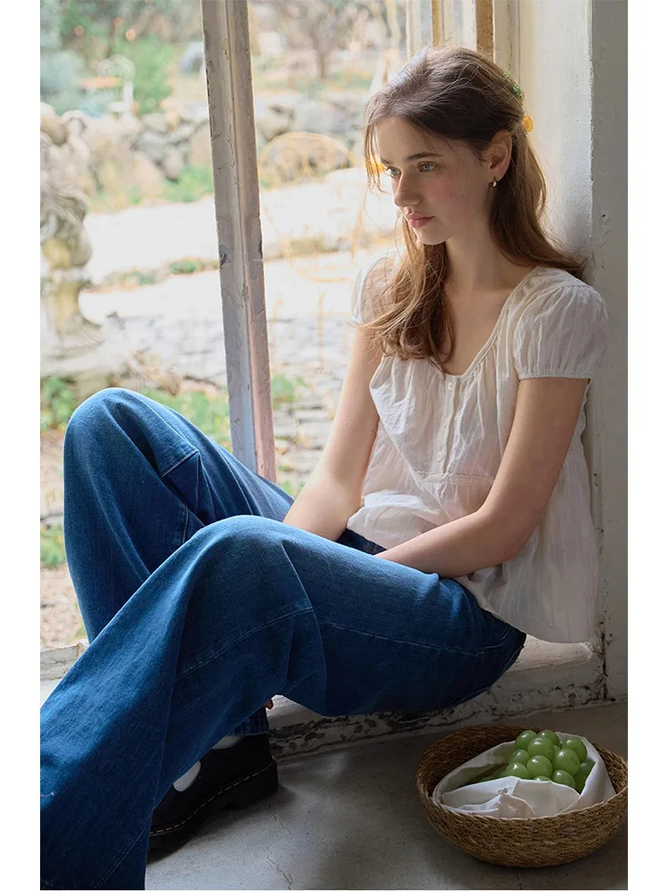 เสื้อทรงหลวมสไตล์เรโทรสำหรับผู้หญิง ดีไซน์ตุ๊กตา แนวฮันกีเซ ติดกระดุม ทรงกลม สีพื้น