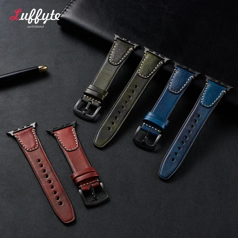 حزام جلدي ريترو لساعة أبل 1-10 Ultra SE 2 حزام معصم لساعة IWatch 38 40 41 42 44 45 46 49 مللي متر سوار معصم للرجال