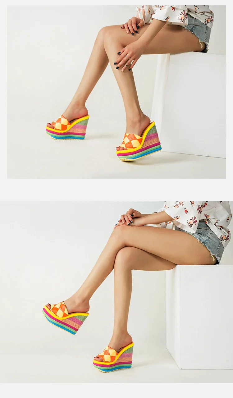 2024 Summer Sexy Bohemian Casual Rainbow Peep Toe Platform Sandals for Women Wedges Sandalias High Heel Plus Size Shoes 34-43