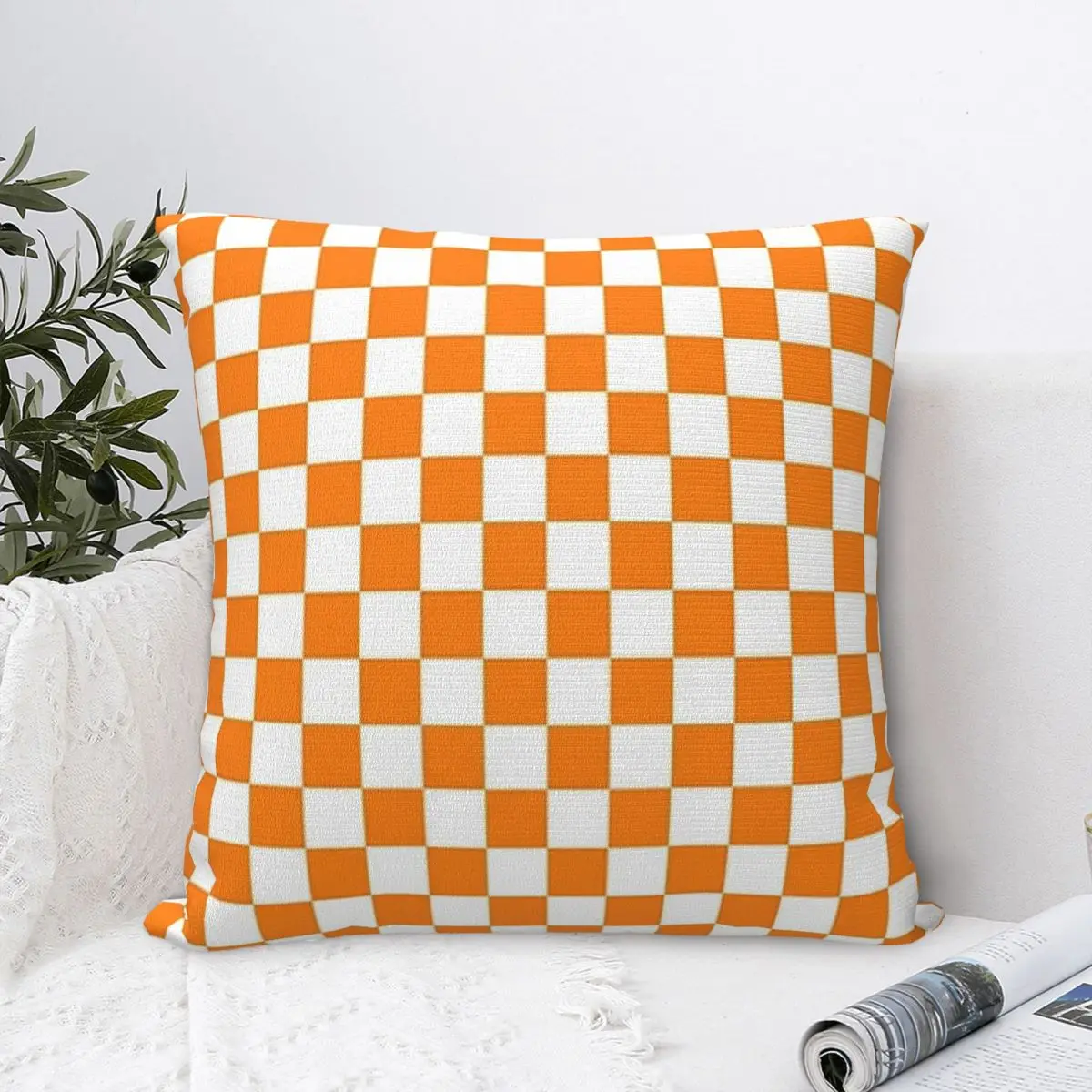 

Orange White Checkered Pattern Square Pillowcase Polyester Pillow Cover Velvet Cushion Comfort Throw Pillow For Home Living Room