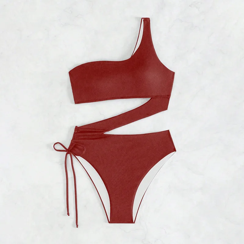 sexy ribbed plain swimsuits one piece irregular one shoulder hollow women's bikinis swimwear bathing suit beach outfits bodysuit
