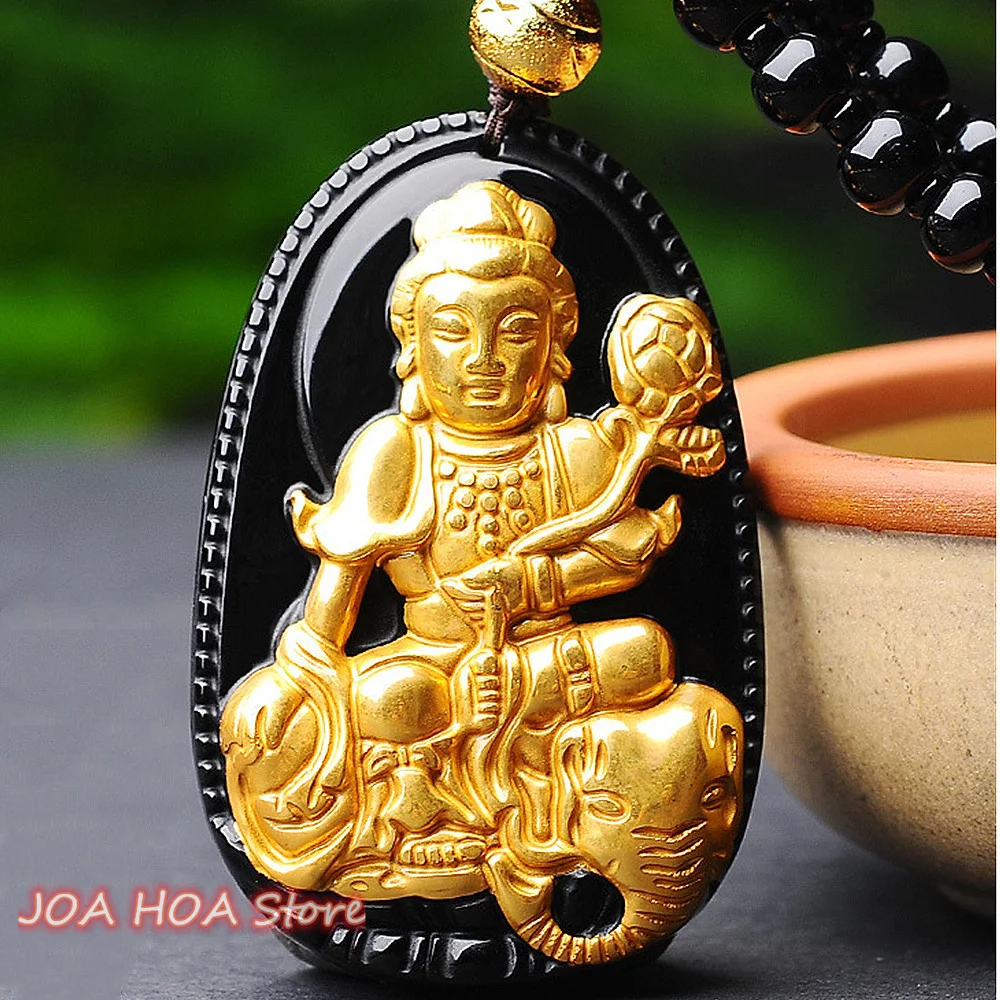 

Genuine Natural Obsidian Gold Inlaid Gold-Plated Glossy Zodiac Benming Buddha Bodhisattva Pendant Eight Patronu Necklace Jewelry