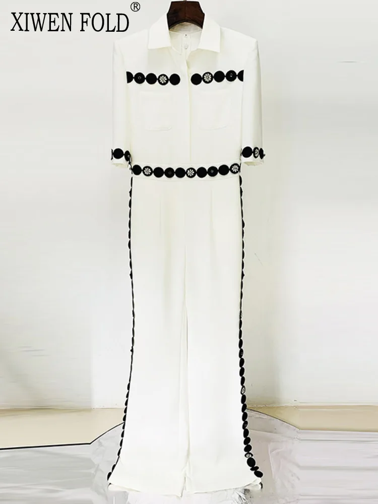 

XIWEN женский комбинезон с отложным воротником и вышивкой, расклешенный лоскутный комбинезон, новинка 2024, осень-зима, XF3250